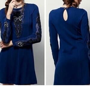 Free People New Romantics MED Skater Tunic Dress Sexy Sheer Breaded Sequins Blue
